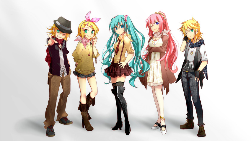 3girls boots bow casual dress fishnet_pantyhose fishnets hair_bow haru_aki hat hatsune_miku highres jewelry kagamine_len kagamine_len_(append) kagamine_rin megurine_luka multiple_boys multiple_girls necklace necktie pantyhose plaid skirt sleeves_pushed_up thigh_boots thighhighs vocaloid vocaloid_append zettai_ryouiki