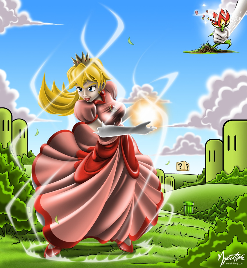 clouds crown female fire_flower fireball grass human mammal mario_bros mysticalpha nintendo princess princess_peach royalty skirt sky solo video_games