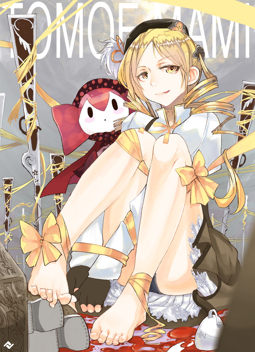 bare_legs barefoot bdsm beret blonde_hair bondage boots_removed bound charlotte_(madoka_magica) cup drill_hair feet fingerless_gloves flelincw gloves gun hair_ornament hat highres licking_lips magical_girl magical_musket mahou_shoujo_madoka_magica panties pantyshot pantyshot_(sitting) puffy_sleeves ribbon rifle shoes_removed sitting tea teacup toes tomoe_mami tongue tongue_out twintails underwear weapon yellow_eyes
