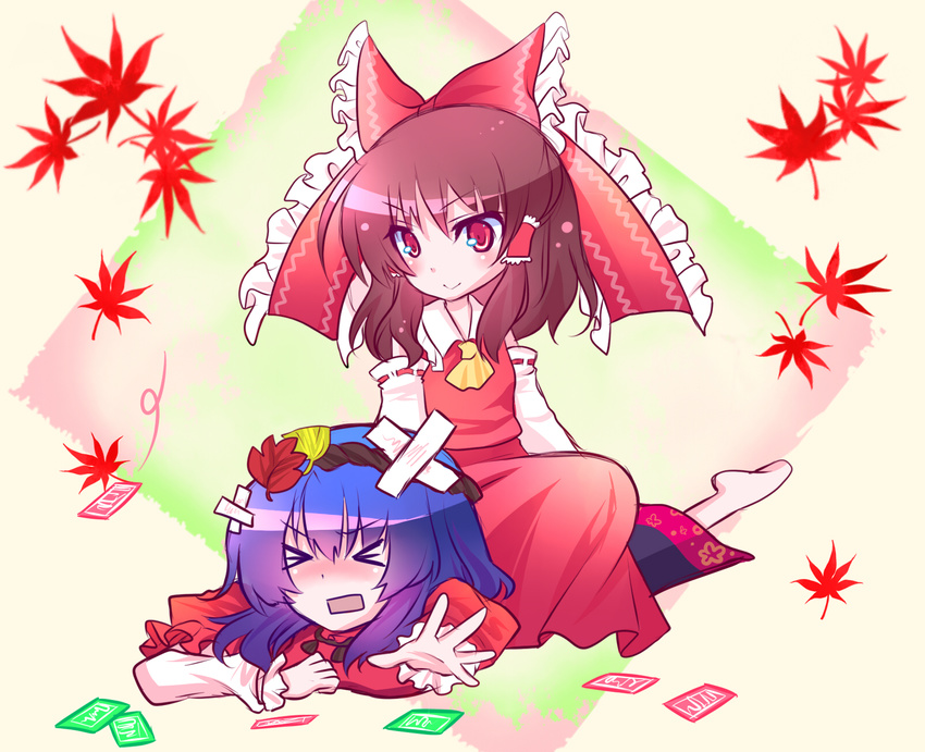 &gt;:) &gt;_&lt; :&gt; ascot bad_id bad_pixiv_id bandages bandaid blue_hair bow brown_hair closed_eyes detached_sleeves hair_bow hakurei_reimu highres multiple_girls open_mouth power-up red_eyes shino_(mijinko) sitting sitting_on_person smile touhou v-shaped_eyebrows yasaka_kanako