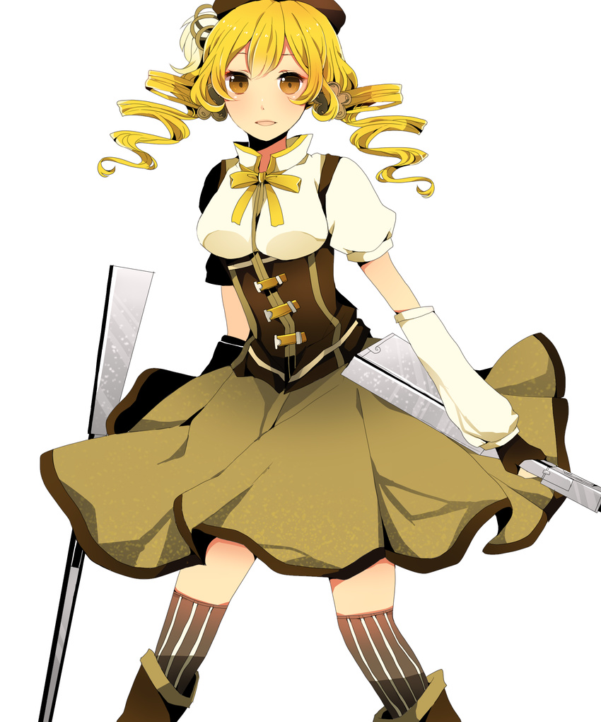 absurdres bad_id bad_pixiv_id beret blonde_hair boots brown_eyes brown_legwear corset detached_sleeves drill_hair dual_wielding fingerless_gloves gloves gun hair_ornament hairpin hat highres holding komine long_hair magical_girl magical_musket mahou_shoujo_madoka_magica pleated_skirt puffy_sleeves ribbon rifle shirt simple_background skirt smile solo striped striped_legwear taut_clothes taut_shirt thighhighs tomoe_mami twin_drills twintails vertical-striped_legwear vertical_stripes weapon white_background zettai_ryouiki