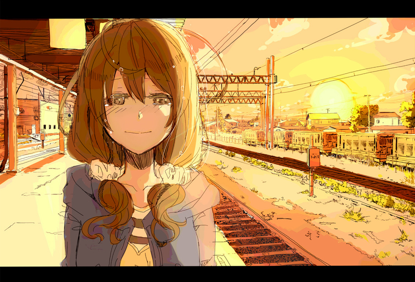 blush brown_eyes brown_hair cityscape letterboxed original railroad_tracks smile solo sunset tears train_station vient vocaloid