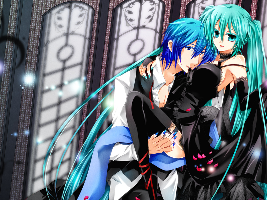 1girl akatsuki_yakyou aqua_eyes aqua_hair aqua_nails armpits bare_shoulders black_dress black_gloves black_legwear blue_eyes blue_hair blue_nails bridal_gauntlets carrying choker colored_eyelashes couple dress elbow_gloves gloves hatsune_miku hetero highres kaito lace lace-trimmed_choker lace-trimmed_gloves lace-trimmed_thighhighs lace_trim long_hair looking_at_viewer mouth_hold nail_polish petals princess_carry thighhighs twintails very_long_hair vocaloid