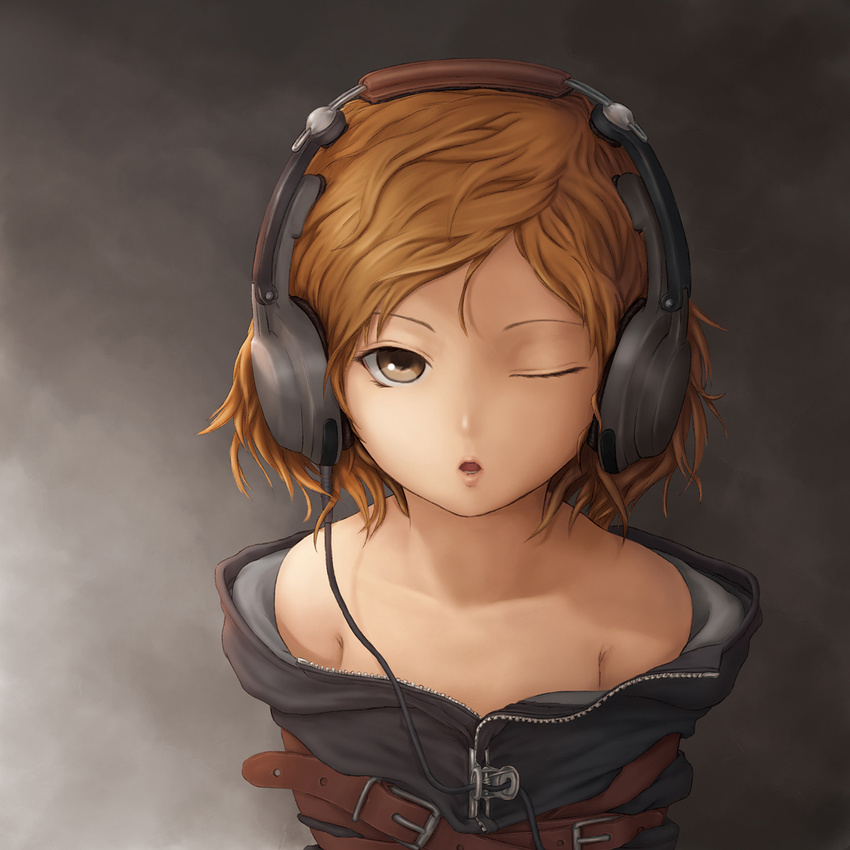 bare_shoulders blonde_hair bound headphones highres lips non-web_source one_eye_closed open_mouth original short_hair solo ss39 tied_up yellow_eyes