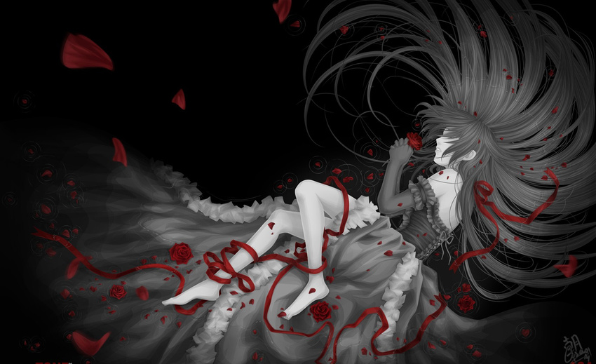 alice_(pandora_hearts) barefoot black dress flowers long_hair pandora_hearts petals polychromatic ribbons