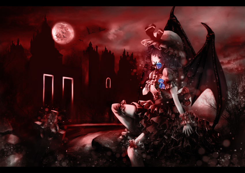 bad_id bad_pixiv_id bangs bare_tree bat bat_wings blue_flower blue_hair blue_rose brooch cross dress embellished_costume flower frilled_dress frills full_moon gathers grey_hair hat hat_ribbon heiyuen highres holding jewelry leg_lift letterboxed light_particles mary_janes moon mouth_hold night over-kneehighs red red_eyes red_moon remilia_scarlet ribbon rose scarlet_devil_mansion shoes short_hair sitting solo thighhighs touhou tree wavy_hair wings wrist_cuffs