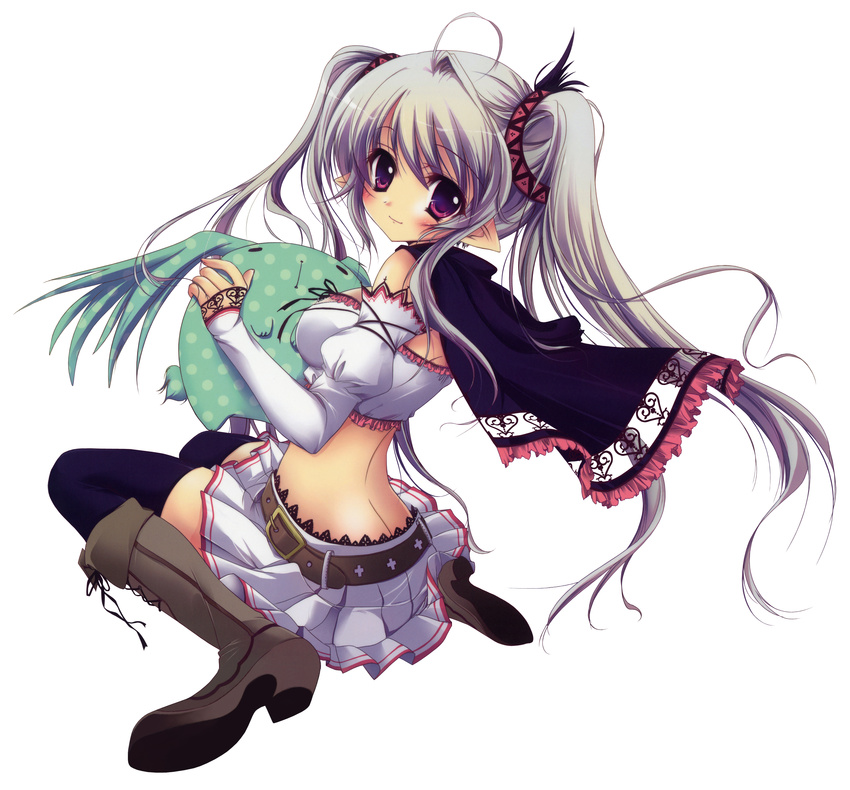 absurdres belt boots cape copyright_request detached_sleeves grey_hair highres izumi_tsubasu midriff pointy_ears purple_eyes sitting skirt solo strapless stuffed_toy thighhighs tubetop twintails wariza