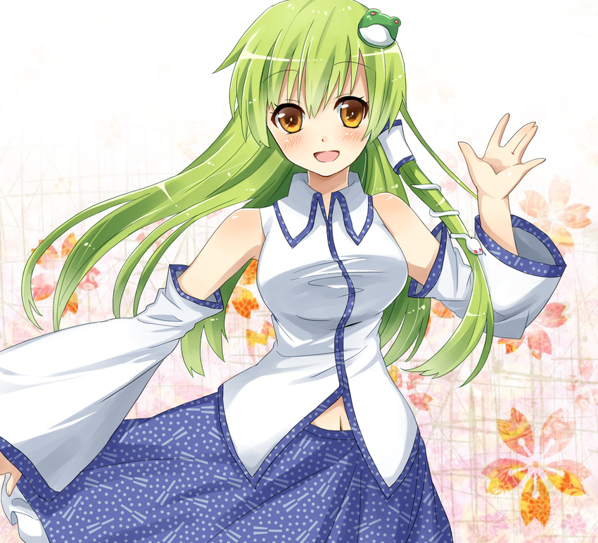 bare_shoulders blush breasts detached_sleeves face frog green_hair hair_ornament hair_tubes highres kochiya_sanae long_hair medium_breasts navel orange_eyes sakuraba_hinano skirt smile snake solo touhou waving yellow_eyes