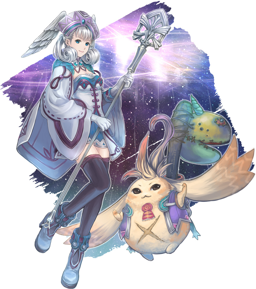 black_legwear blue_eyes gloves hat head_wings highres melia nopon ohse riki_(xenoblade) silver_hair solo staff thighhighs xenoblade_(series) xenoblade_1