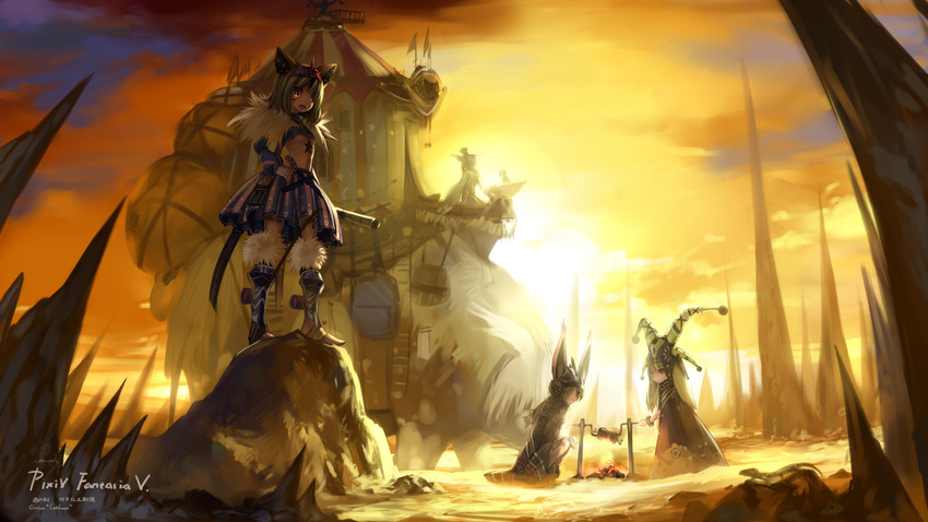 animal_ears bad_id bad_pixiv_id blonde_hair boned_meat boots campfire circus fire food hat highres jester_cap knee_boots meat multiple_girls observerz pixiv_fantasia pixiv_fantasia_5 short_hair signature skirt star sunset telescope yellow_eyes