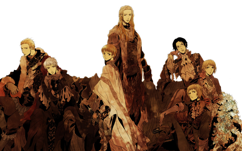 amulet austria_(hetalia) axis_powers_hetalia blonde_hair boot boots breasts brown_hair cape cleavage coat cross dress flower formal german_speaking_countrys germania_(hetalia) germany_(hetalia) glasses glove gloves gun hair_ribbon highres holy_roman_empire_(hetalia) jacket liechtenstein_(hetalia) looking_at_viewer monochrome portrait prussia_(hetalia) ribbon short_hair sitting smile standing suit switzerland_(hetalia) sword weapon white_hair