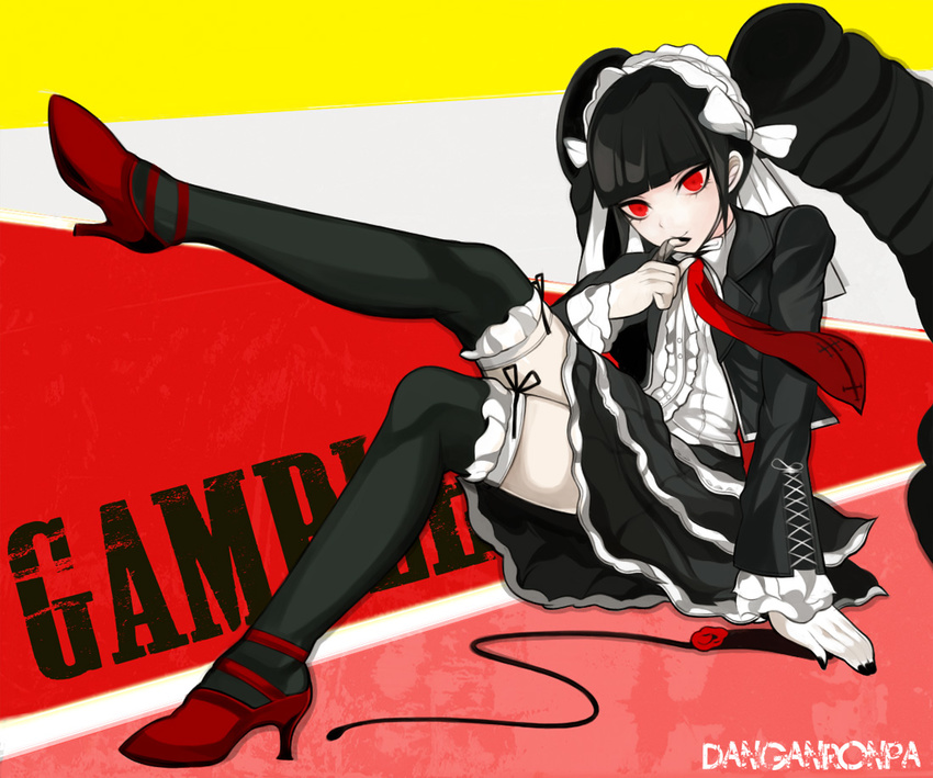 bad_id bad_pixiv_id black_hair black_legwear bonnet celestia_ludenberck danganronpa danganronpa_1 drill_hair finger_to_mouth gothic_lolita high_heels kakaaru lolita_fashion nail_polish necktie pale_skin red_eyes shoes skirt solo thighhighs twin_drills twintails