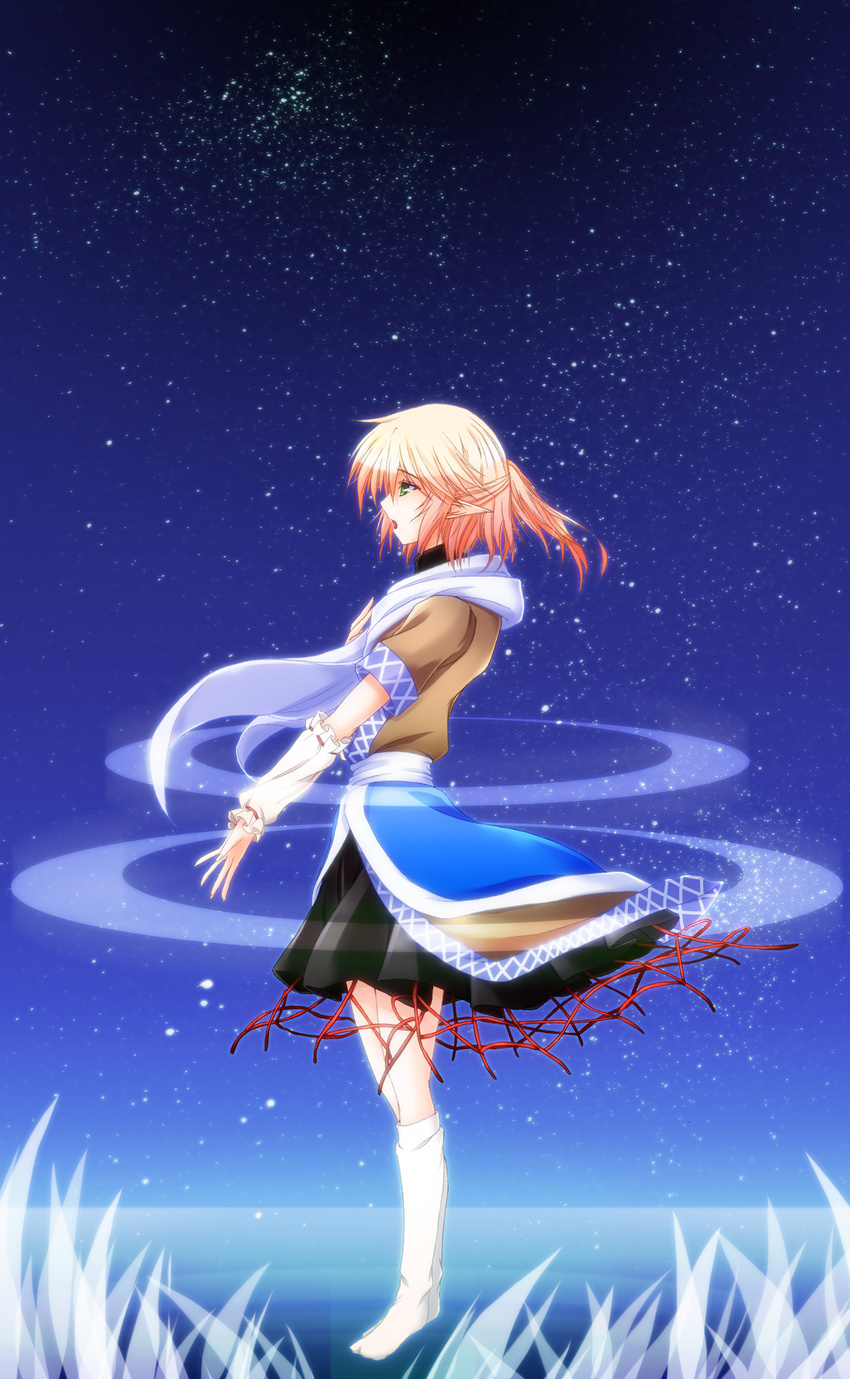 absurdres arm_warmers blonde_hair flying grass green_eyes hazuki_kasane highres kneehighs mizuhashi_parsee music night night_sky open_mouth pointy_ears ponytail scarf short_hair singing sky solo star star_(sky) starry_sky thighhighs touhou white_legwear