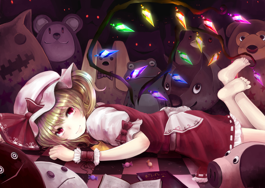 ascot barefoot blonde_hair blush candy checkered checkered_floor feet flandre_scarlet food glowing glowing_wings hanamuke hat legs_up light_smile looking_at_viewer lying on_floor on_stomach red_eyes short_hair side_ponytail smile soles solo stuffed_animal stuffed_toy teddy_bear the_pose touhou wings wrist_cuffs