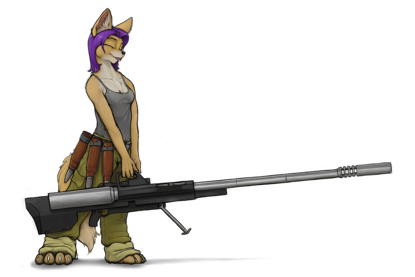 ammo anti-vehicle_rifle bfg breasts canine eyes_closed female fox geena_gonorah gun happy ipoke military purple_hair solo weapon