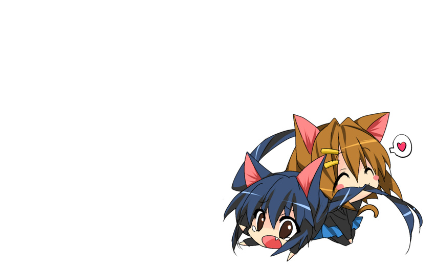 2girls animal_ears black_hair blush brown_eyes brown_hair catgirl chibi fang hirasawa_yui k-on! long_hair maetaku nakano_azusa pantyhose short_hair twintails white