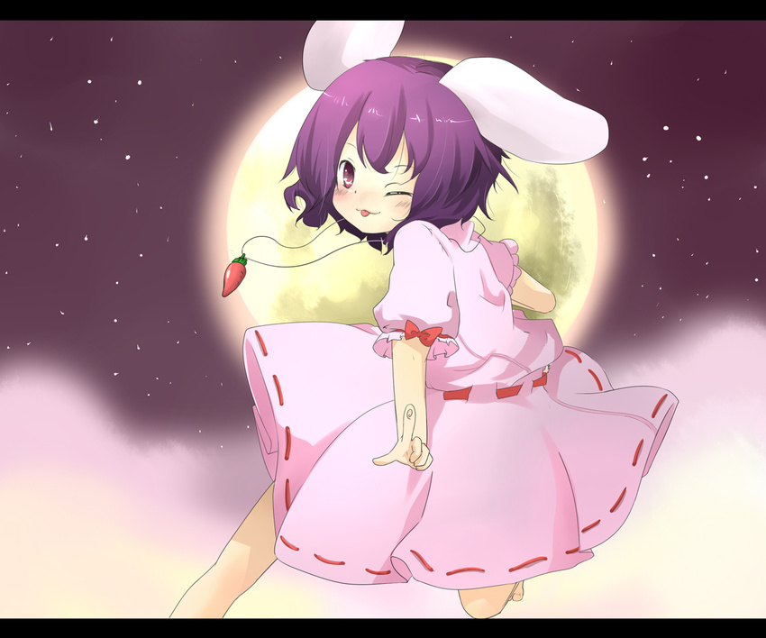 :p animal_ears barefoot blush bunny_ears carrot carrot_necklace inaba_tewi jewelry katanakko_daisuki letterboxed moon necklace night one_eye_closed pendant pointing purple_hair red_eyes short_hair smile solo tongue tongue_out touhou