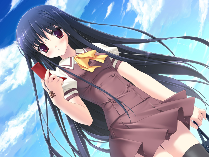 black_hair game_cg kanekiyo_miwa long_hair natsu_no_ame phone red_eyes segawa_rikako seifuku thighhighs