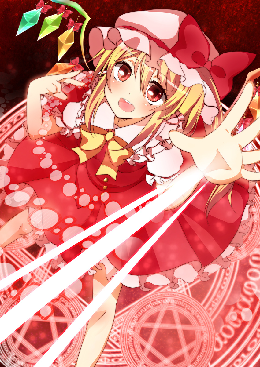 absurdres blonde_hair bow flandre_scarlet from_above hat highres magic_circle pentagram red_eyes shromann solo touhou wings