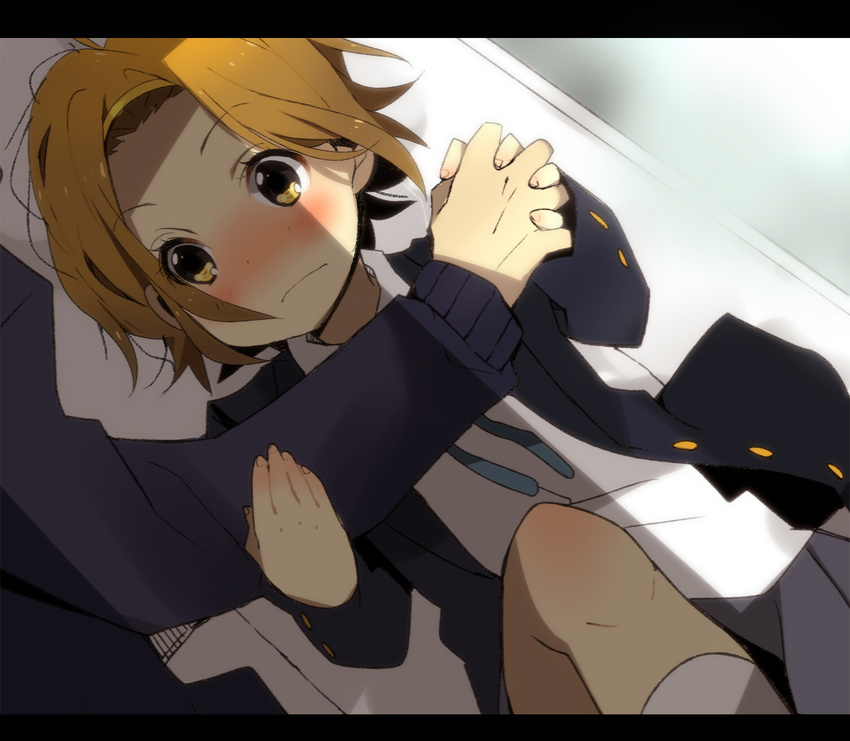 bad_id bad_pixiv_id blush brown_eyes brown_hair highres holding_hands k-on! letterboxed lying meno on_back out_of_frame school_uniform shade short_hair solo_focus tainaka_ritsu
