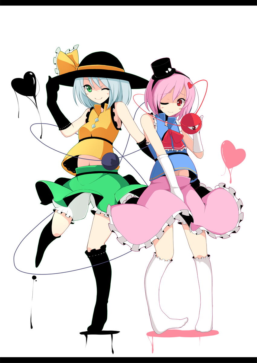 adapted_costume armpits bare_shoulders black_legwear bloomers blush_stickers elbow_gloves frills gloves green_eyes hat hat_ribbon heart highres kneehighs komeiji_koishi komeiji_satori letterboxed meneru midriff mini_hat mini_top_hat multiple_girls no_nose one_eye_closed pink_hair pink_skirt red_eyes ribbon siblings sisters skirt skirt_tug sleeveless smile third_eye top_hat touhou underwear white_legwear