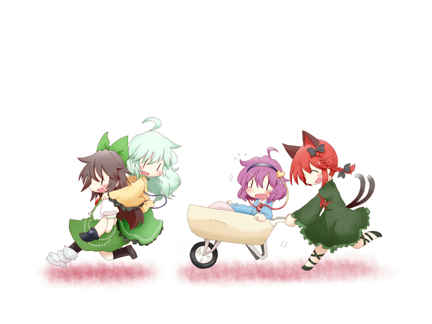 carrying chibi highres kaenbyou_rin komeiji_koishi komeiji_satori multiple_girls rakucat reiuji_utsuho running simple_background touhou wheelbarrow