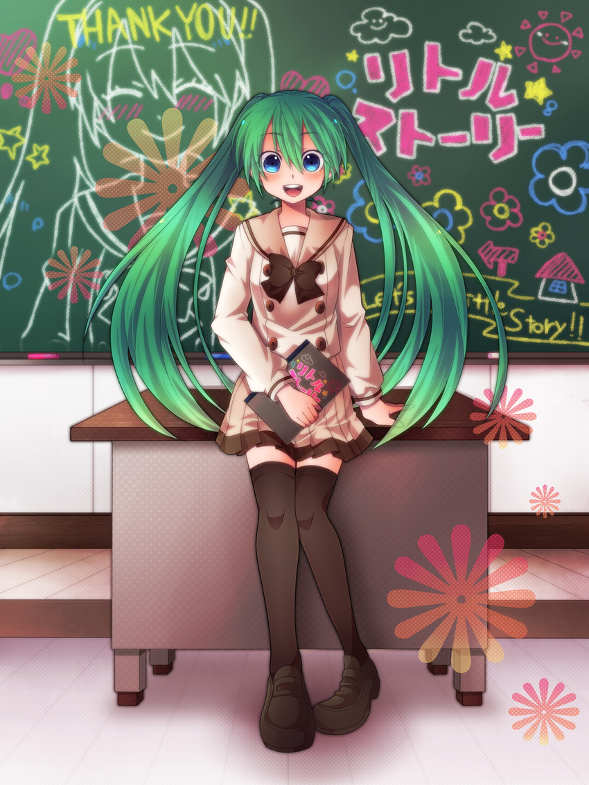 :d absurdres blue_eyes book bow bowtie chalkboard green_hair hatsune_miku highres loafers long_hair magu open_mouth shoes skirt smile solo thighhighs twintails very_long_hair vocaloid zettai_ryouiki