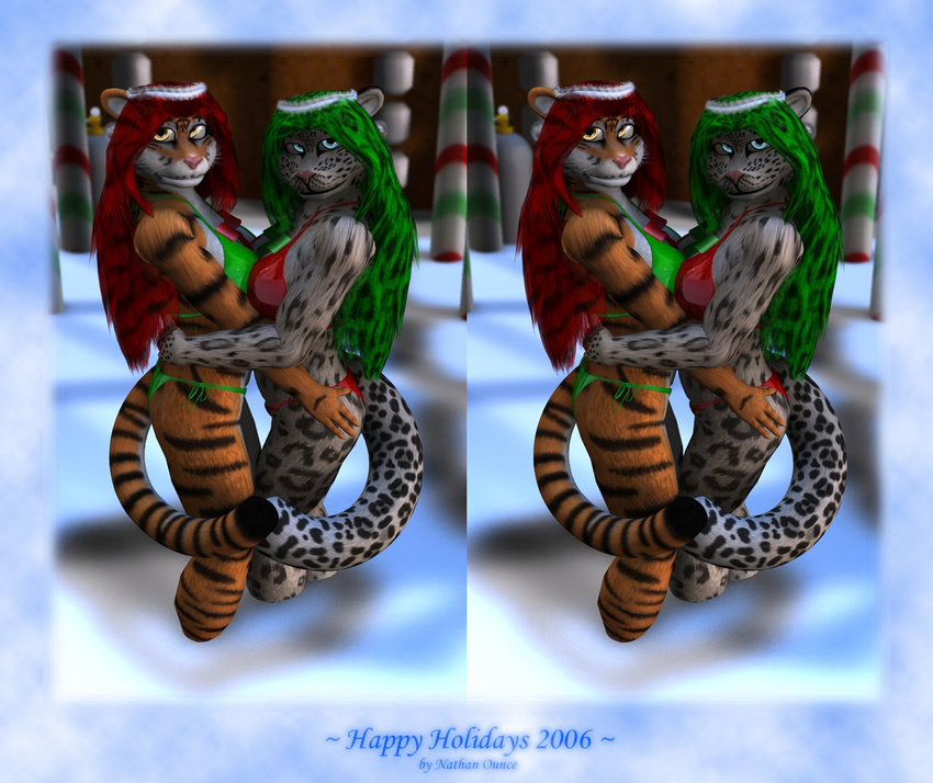 3d amber_eyes bikini blue_eyes breasts couple cross_eye_stereogram eyefuck feline female green_hair hair holding hug long_green_hair long_hair long_red_hair looking_at_viewer nathan_ounce red_hair side-tie_bikini skimpy snow snow_leopard spots stripes tail tiger whiskers xmas