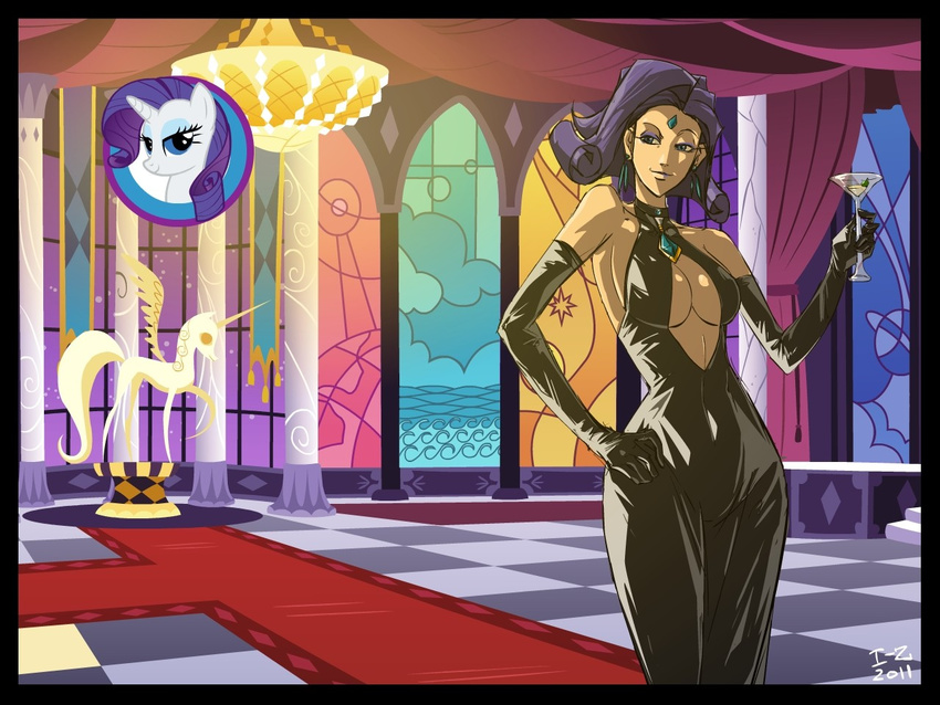 carpet cleavage cocktail dress ear_piercing earring equine eyeshadow friendship_is_magic horns horse human lipstick my_little_pony necklace piercing pony purple_eyes purple_hair rarity_(mlp) statue
