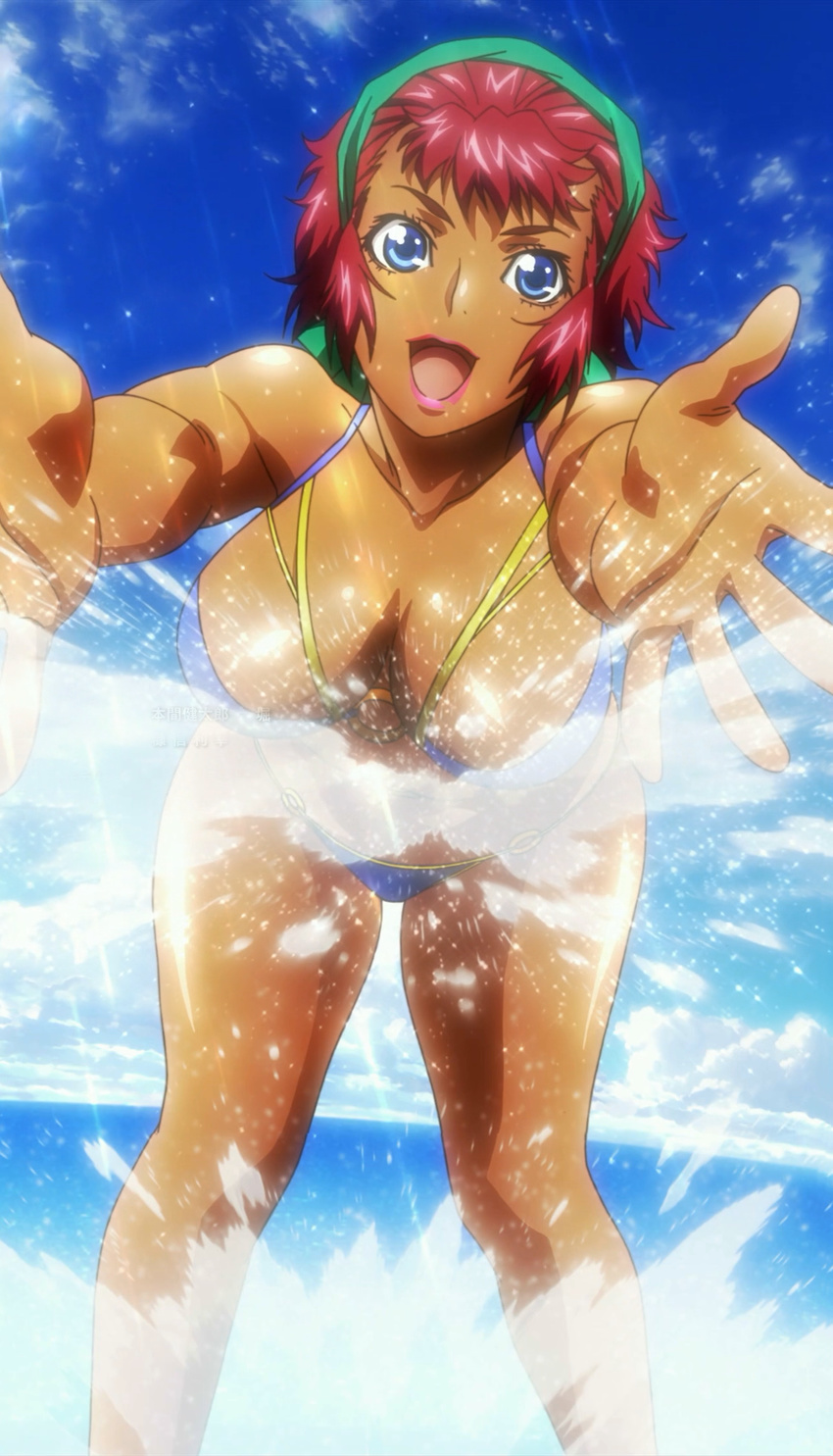 bikini blue_eyes cloud dark_skin day hairband highres kobayashi_akemi ocean red_hair ricarla_borgnine screencap sky smile solo splashing stitched super_robot_wars super_robot_wars_og_the_inspector super_robot_wars_original_generation swimsuit third-party_edit