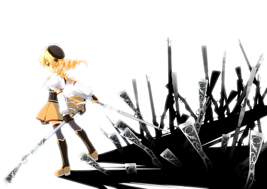 bad_id bad_pixiv_id beret blonde_hair boots brown_legwear detached_sleeves drill_hair field_of_blades fingerless_gloves gloves gun hair_ornament hairpin hat highres konoe_yuba magical_girl magical_musket mahou_shoujo_madoka_magica planted_weapon pleated_skirt puffy_sleeves ribbon rifle short_hair short_twintails skirt solo striped striped_legwear thighhighs tomoe_mami twin_drills twintails vertical-striped_legwear vertical_stripes weapon yellow_eyes zettai_ryouiki