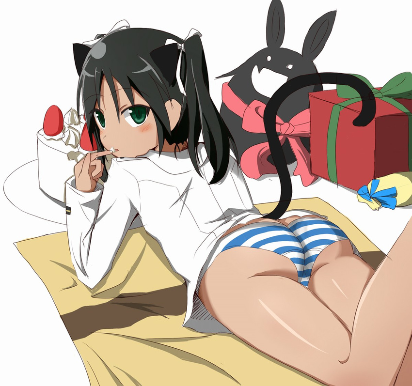 aiueo animal_ears ass black_hair blush cake cat_ears charlotte_e_yeager food francesca_lucchini gift green_eyes long_hair looking_back lying panties silhouette_demon strike_witches striped striped_panties tail trefoil twintails underwear world_witches_series