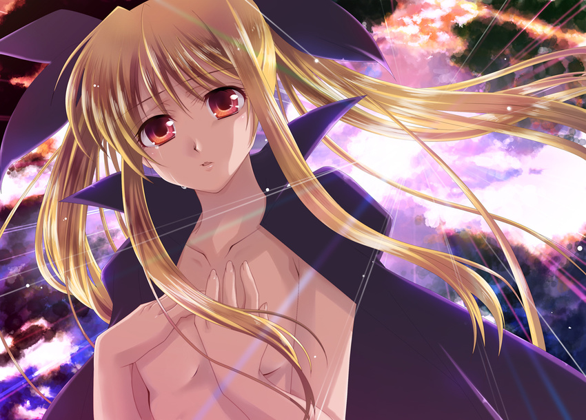 bad_id bad_pixiv_id blonde_hair cape cloud covering covering_breasts fate_testarossa hair_ribbon kanai_(youvre) long_hair lyrical_nanoha mahou_shoujo_lyrical_nanoha naked_cape nude red_eyes ribbon sidelocks solo twintails