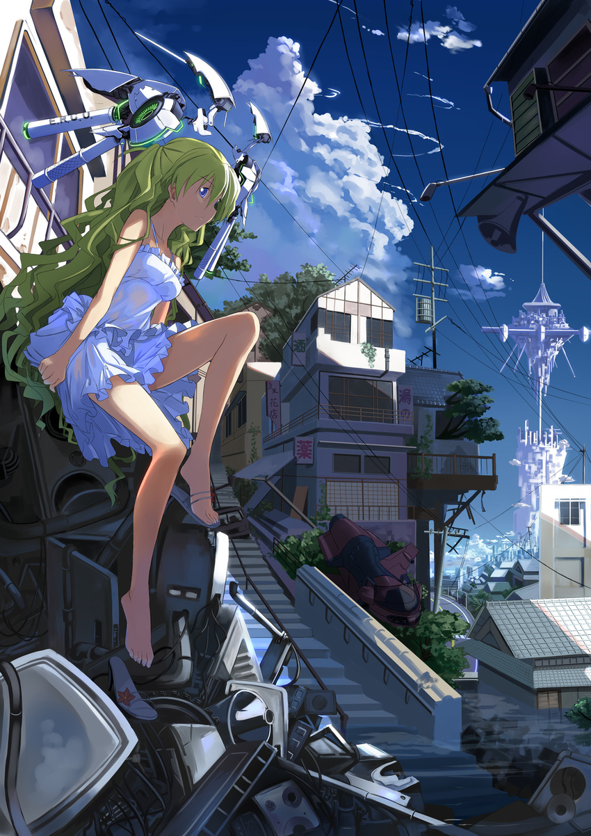 barefoot beek city cloud day dress feet green_hair highres long_hair megastructure oekaki_musume original purple_eyes sandals scenery science_fiction shoes shoes_removed single_shoe sky solo toenails toes