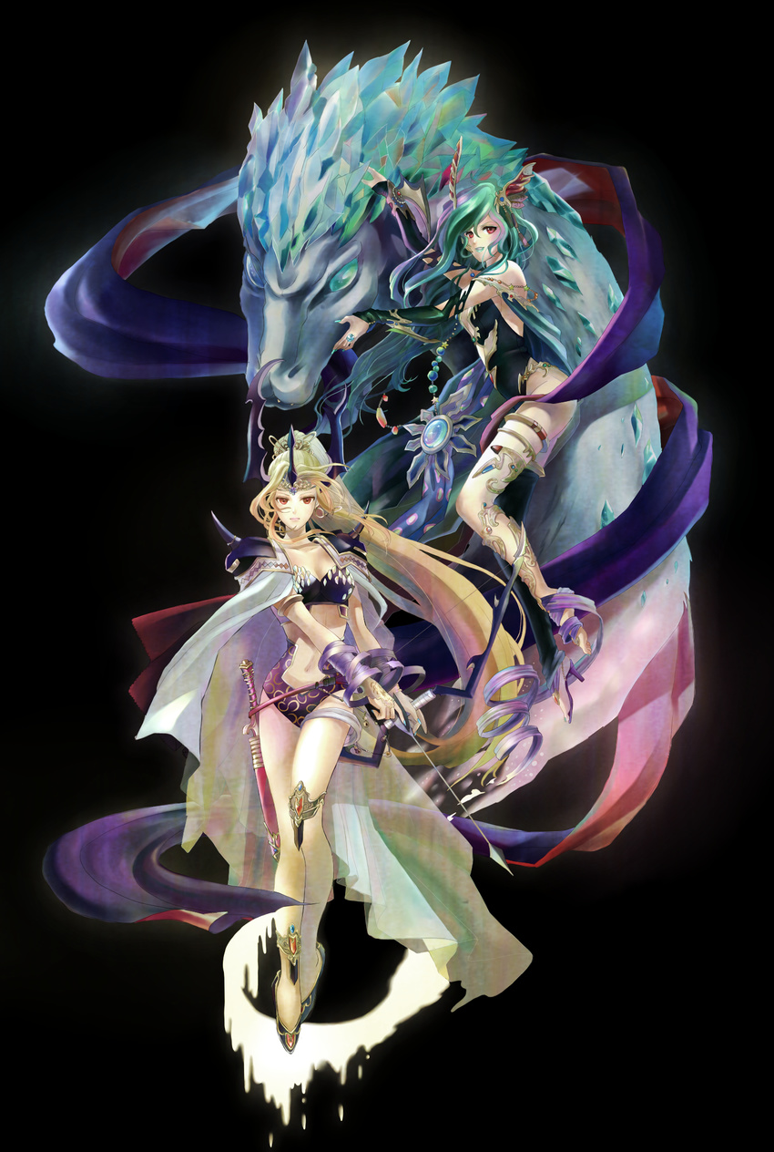 armor bikini_armor blonde_hair bow_(weapon) crossbow dagger dark_persona dragon final_fantasy final_fantasy_iv final_fantasy_iv_the_after green_hair highres lipstick makeup multiple_girls niboshi514 red_eyes rosa_farrell rydia weapon