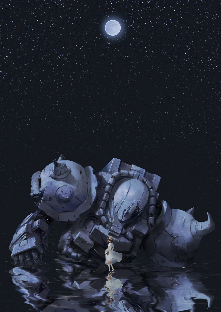 from_behind full_moon gouf_custom gundam hat highres looking_back mecha mobile_suit_gundam moon night no_humans pixiv_festa reflection sky solo spikes star_(sky) starry_sky totuka wading water
