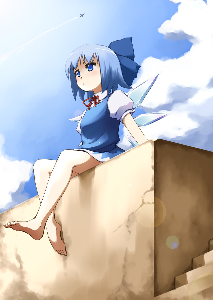 absurdres aircraft airplane barefoot blue_eyes blue_hair blush bow cirno cloud condensation_trail day dress feet hair_bow highres lens_flare marotang short_hair sitting sky solo touhou wings