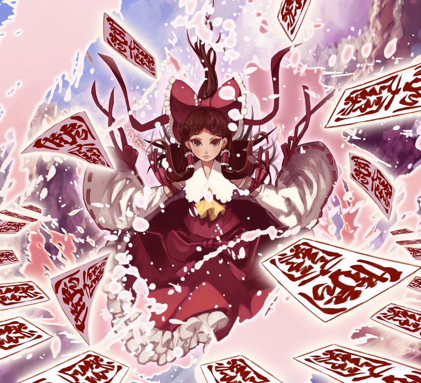 ascot bad_id bad_pixiv_id blush bow brown_eyes brown_hair danmaku detached_sleeves frown hair_bow hair_tubes hakurei_reimu highres kansou_samehada lips long_hair ofuda ribbon sleeves_past_wrists solo touhou wide_sleeves wind