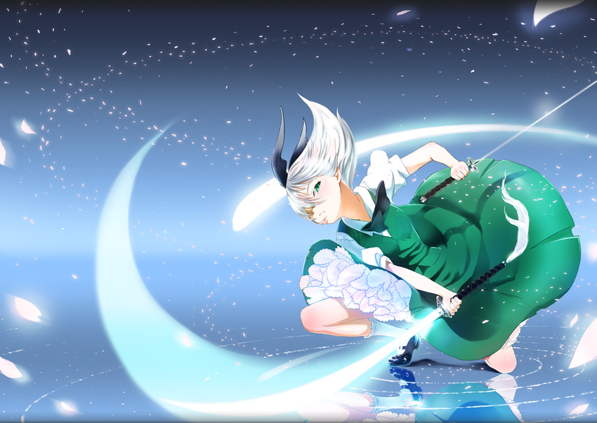 bad_id bad_pixiv_id dual_wielding glowing green_eyes hair_over_one_eye holding katana konpaku_youmu mary_janes one_knee petals petticoat reflection ripples shirt shoes short_hair slashing socks solo sword tassel touhou water weapon white_hair white_legwear white_shirt yamada_ranga