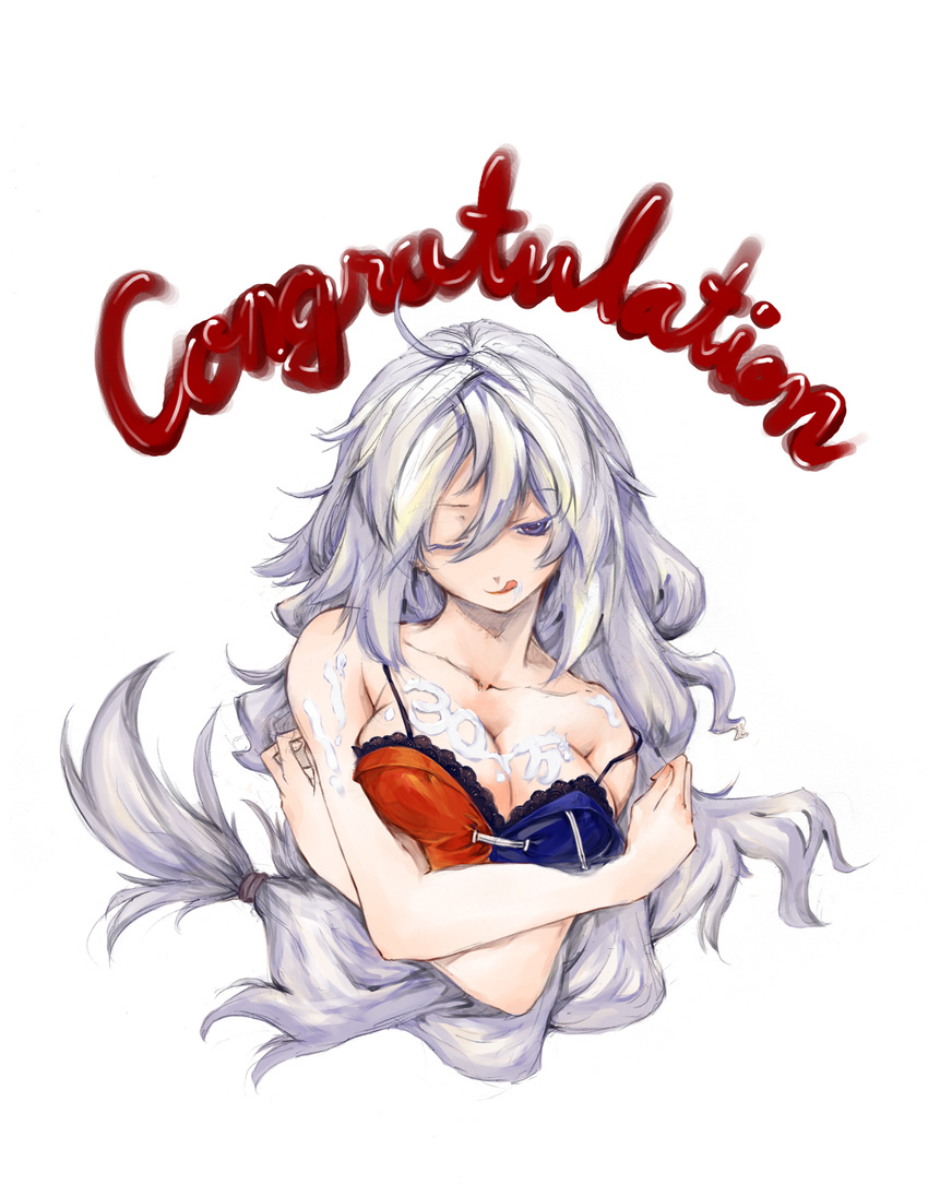 ;q alternate_hairstyle bad_id bad_pixiv_id blue_eyes body_writing bra braid breasts cleavage cream highres lace large_breasts lingerie long_hair one_eye_closed silver_hair solo tongue tongue_out touhou underwear underwear_only yagokoro_eirin zutta