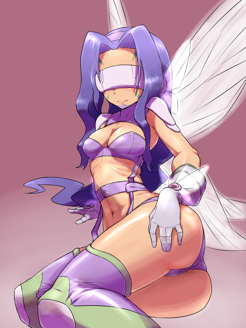 ass bad_id bad_pixiv_id breasts cleavage digimon digimon_frontier fairymon highres hun long_hair medium_breasts navel purple_hair revision solo thighhighs visor wings