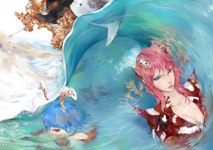 algae amatiz blue_eyes blue_hair breasts brown_eyes cleavage cloud fish large_breasts multiple_girls original pink_hair shark shell starfish water waves wet wet_clothes