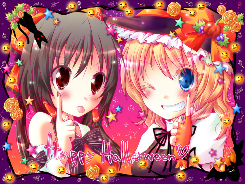 :p bad_id bad_pixiv_id black_hair blonde_hair blue_eyes flower hair_tubes hakurei_reimu halloween happy_halloween kirisame_marisa meiya_neon multiple_girls orange_flower orange_rose red_eyes rose tongue tongue_out touhou