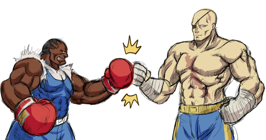 abs boxing_gloves eyepatch fist_bump hounin m_bison male_focus multiple_boys muscle sagat scar street_fighter