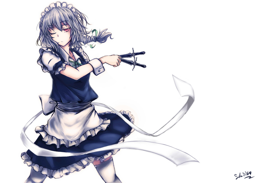 absurdres apron bow braid hair_bow highres izayoi_sakuya knife maid maid_headdress one_eye_closed red_eyes short_hair silver_hair simple_background sola7764 solo thighhighs touhou twin_braids white_legwear