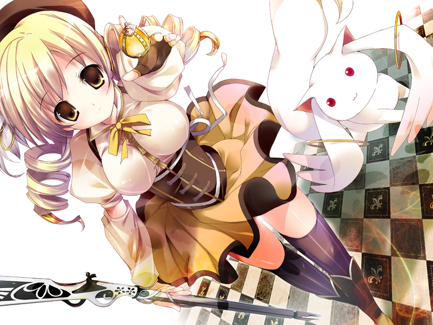 bad_id bad_pixiv_id beret blonde_hair blush boots checkered checkered_floor corset detached_sleeves drill_hair dutch_angle fingerless_gloves gloves gun hat highres kyubey light_smile magical_girl mahou_shoujo_madoka_magica mizusawa_mimori rifle soul_gem thighhighs tomoe_mami twin_drills twintails weapon yellow_eyes