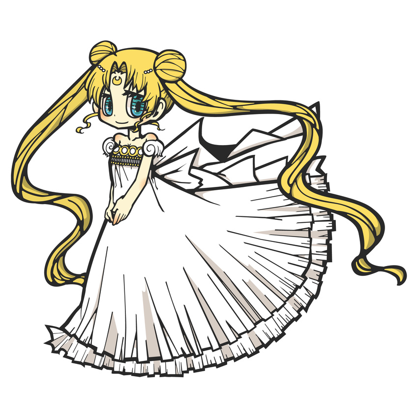 back_bow bishoujo_senshi_sailor_moon bow double_bun dress emita full_body highres long_hair magical_girl princess_serenity solo strapless strapless_dress tsukino_usagi twintails very_long_hair white_background