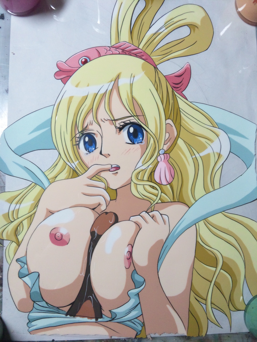 absurdres artist_request blonde_hair blue_eyes blush breasts color earrings finger_on_mouth finger_to_mouth hasamimushi highres jewelry mermaid monster_girl one_piece paizuri penis shirahoshi uncensored