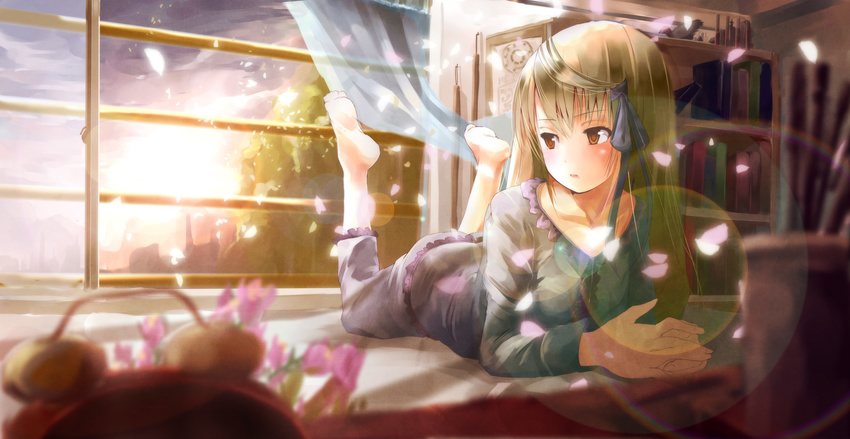 absurdres bad_id bad_pixiv_id barefoot bed bedroom book bookshelf brown_eyes brown_hair flower highres indoors long_hair lying on_stomach pajamas petals rewrite ribbon room senri_akane solo sunset yae_(mono110)