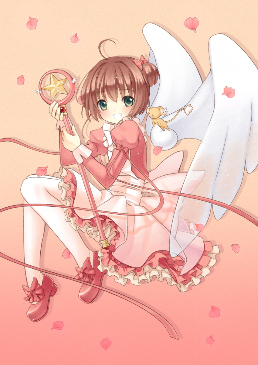 brown_hair cardcaptor_sakura dress green_eyes highres hoshi_no_tsue kero kinomoto_sakura magical_girl nana_mikoto short_hair thighhighs twintails wand wings